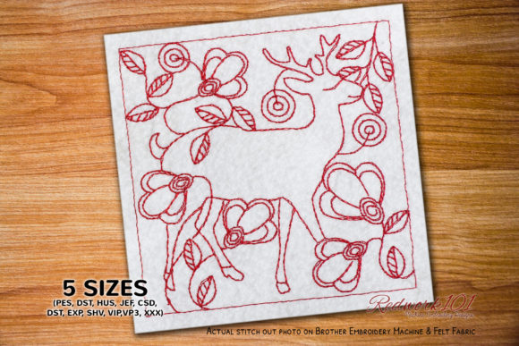 Charming Cute Deer with Floral Background Redwork